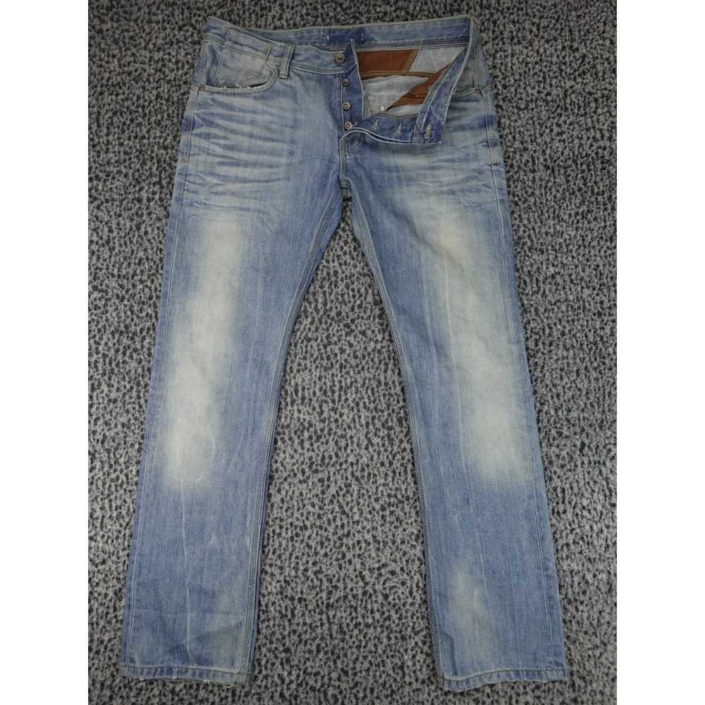 Bershka Straight Leg Jeans Mens 37x31 Light Blue Faded Distressed Button Fly